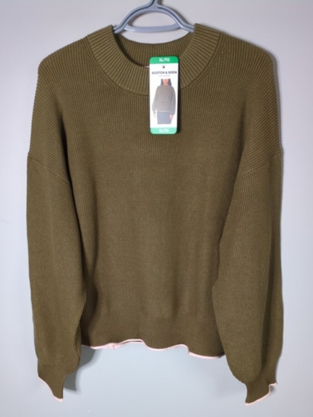 NWT SCOTCH & SODA - Women's Ribbed Mock Neck Pullover Green‎ Pink Trim Size XL